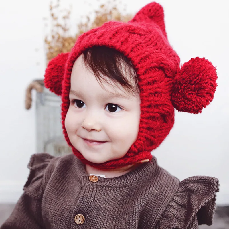 Baby Winter Cute Pompom Knit Hat Newborn Infant Toddler Crochet Ear Flap Beanie Hat