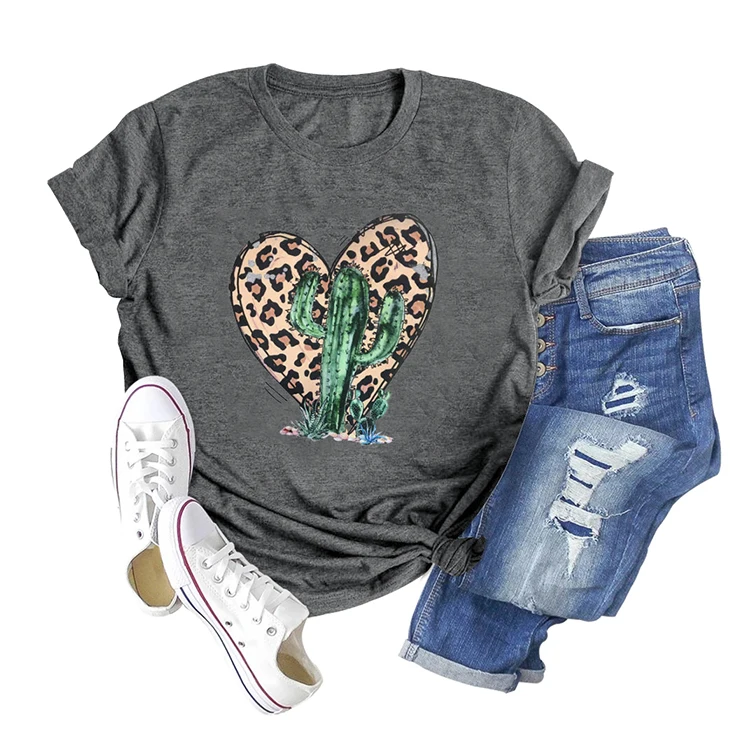 
Wholesale Custom Western Fashion Tee Tops Leopard Cactus Print T-Shirts 