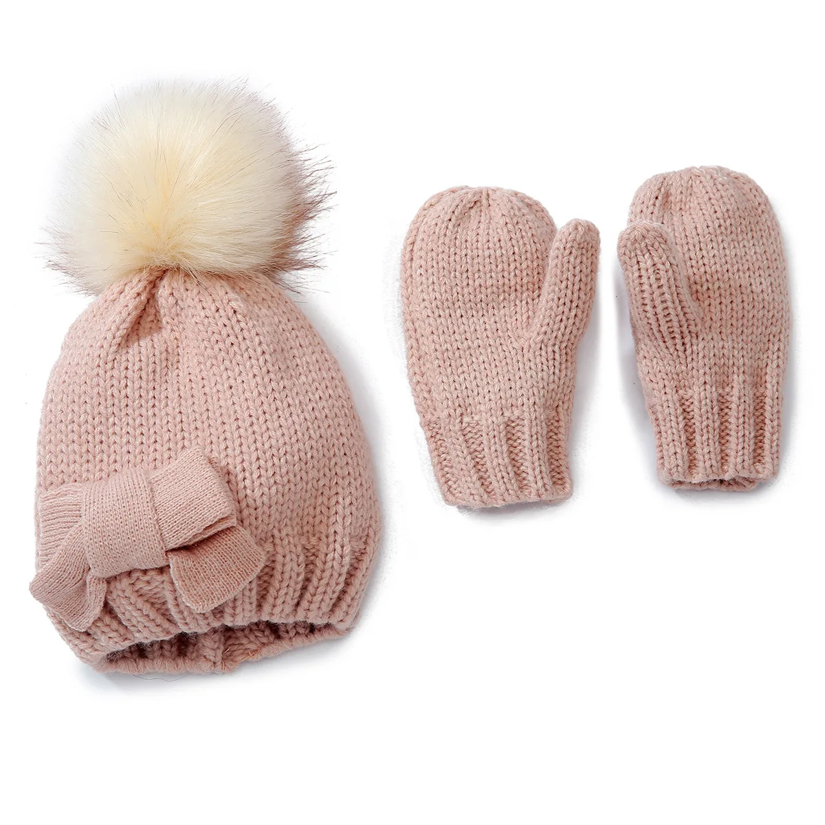 Ivy41442A Princess baby girls cute sweet bow hat and mitten winter kid pom pom knit beanie hats with gloves set