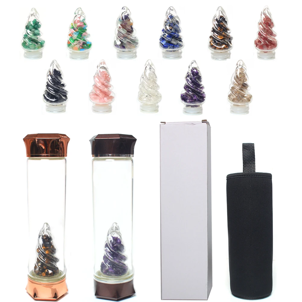 Wholesale natural crystal gravel infused glass water bottle with hexagonal diamond lid torch glass cover crystal water bottle