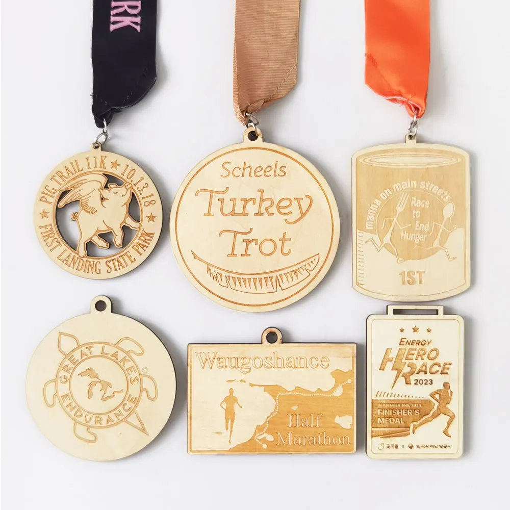 Manufacturer wholesale wood bamboo engraving print color marathon running finisher medal custom wooden medals