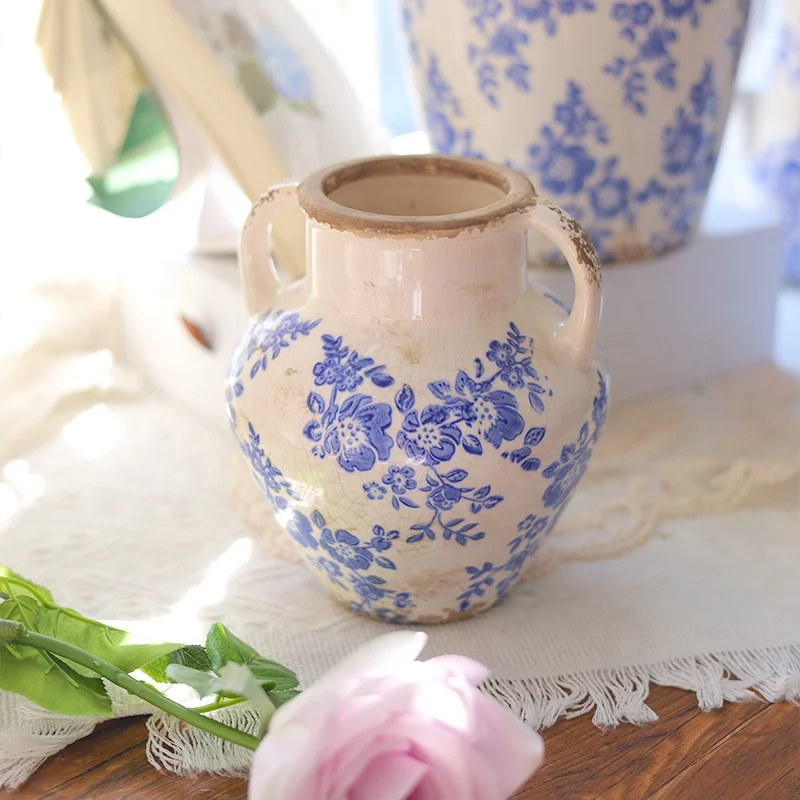 No MOQ Wholesale Retro Ice Crackled Waterproof Farmhouse Pitcher Flower Vases Blue Ceramic Vase for Home Decor