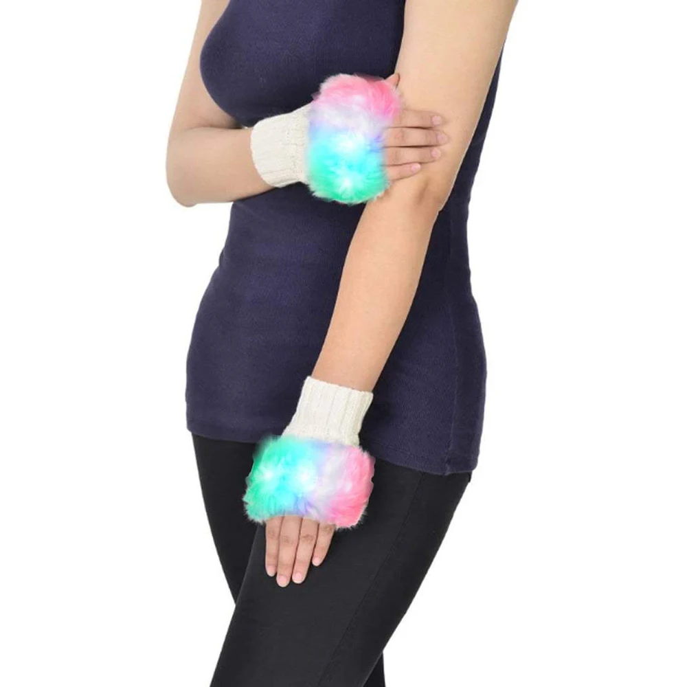 Glow Blink Fur Fingerless Knit Gloves - Funny Light Up Mitten for Party Christmas Halloween Costume