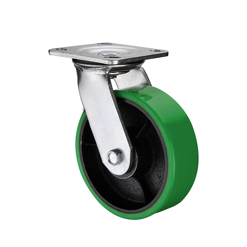 Durable Dual Bearing over 500 KG Swivel 4 / 5 / 6 / 8 / 10 inch green PU Cast iron core trolley wheel heavy duty plate caster