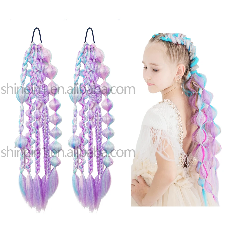 Wholesale 24inch Cosplay Handmade Crochet Colored Hair Extensions Synthetic Bubble Braid Hair Ponytail with Rubber Bands