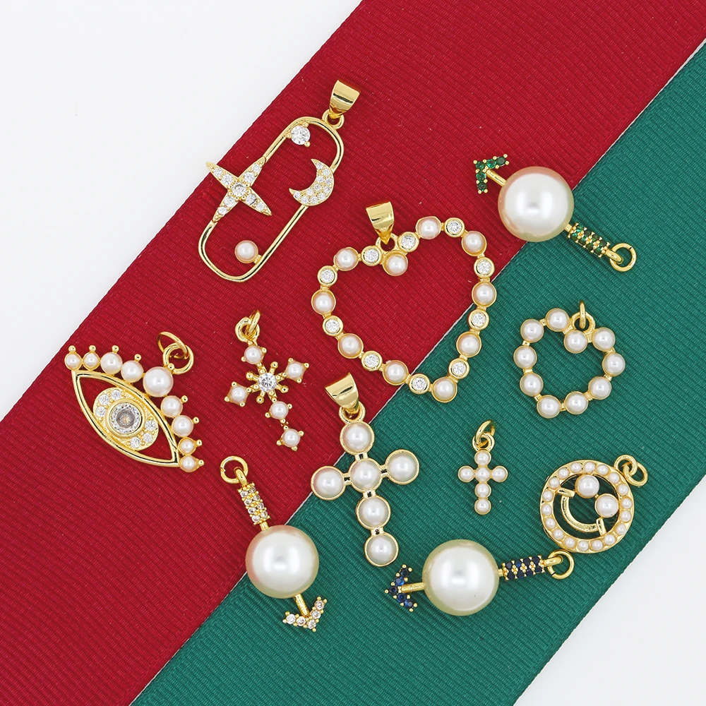 18k gold plated clear zirconia paved white pearl love heart pendants for jewelry making jewelry pendant charms wholesale