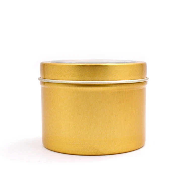 Food grade 100ml airtight metal tea container Gold color screw top round tea tin can with PVC window aluminum jar