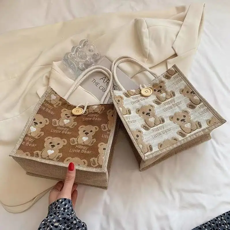 Bear Linen Tote Bag Female Outing Handbag Internet Celebrity Ins Japanese Small Shoulder Bag Student Shoulder Bag