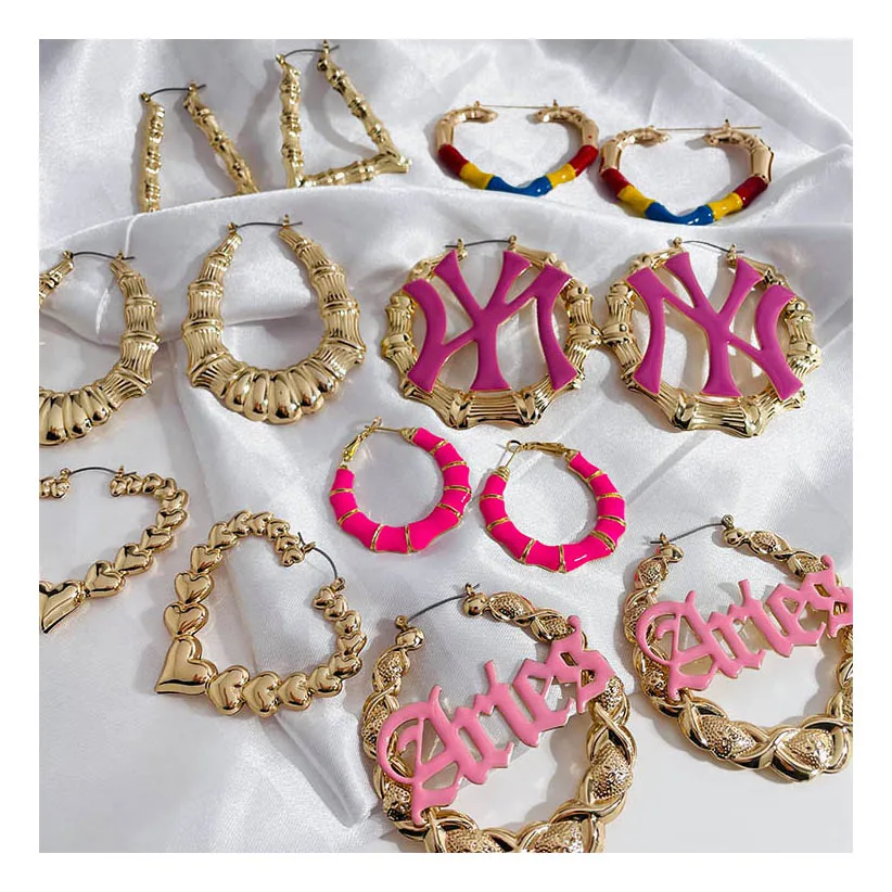 gold plated round geometry pink epoxy enamel hoop bamboo earrings for women