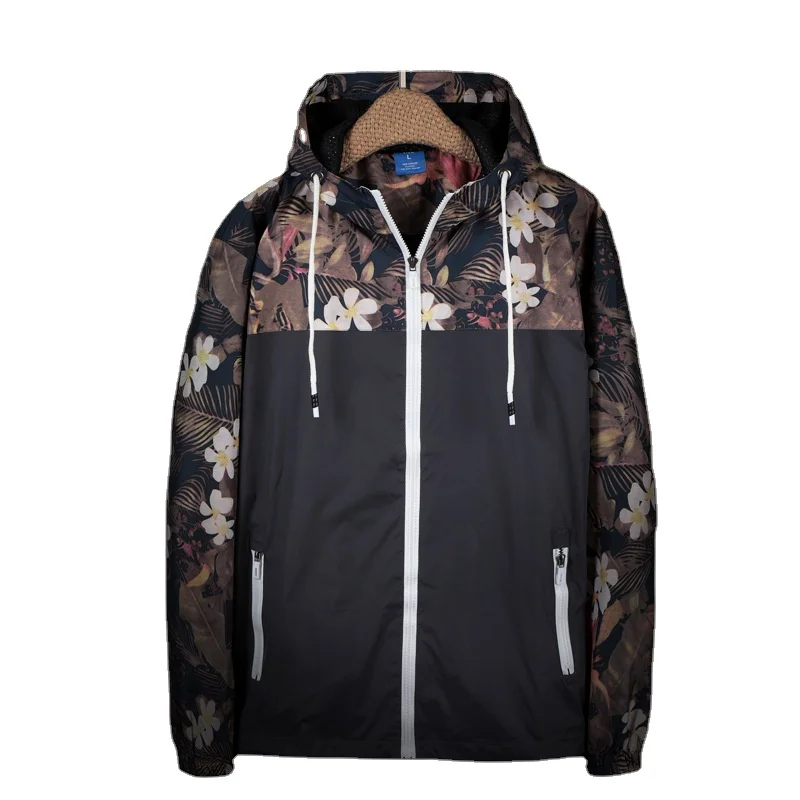 
Custom Design Logo Fashion Polyester Streetwear Floral Printing Mens Zip Hooded Baseball Jackets Retro Camo Running Windbreaker 