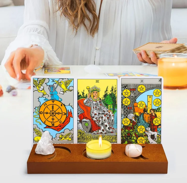 brown wooden Tarot Card Holder, Playing Deck Display Stand For Tarot With Triple Moon Phases Symbol