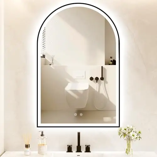 Arched LED Bathroom Mirror with  and Backlight, Black Bathroom Mirror with Lights-Anti-Fog, Dimmable-LED Mirror for Bathroom