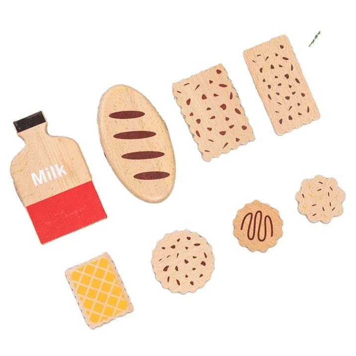 Kids Kitchen Toy Simulation Mini Food Set Wooden Cookies And Milk Miniature Cooking Toy For Toddlers