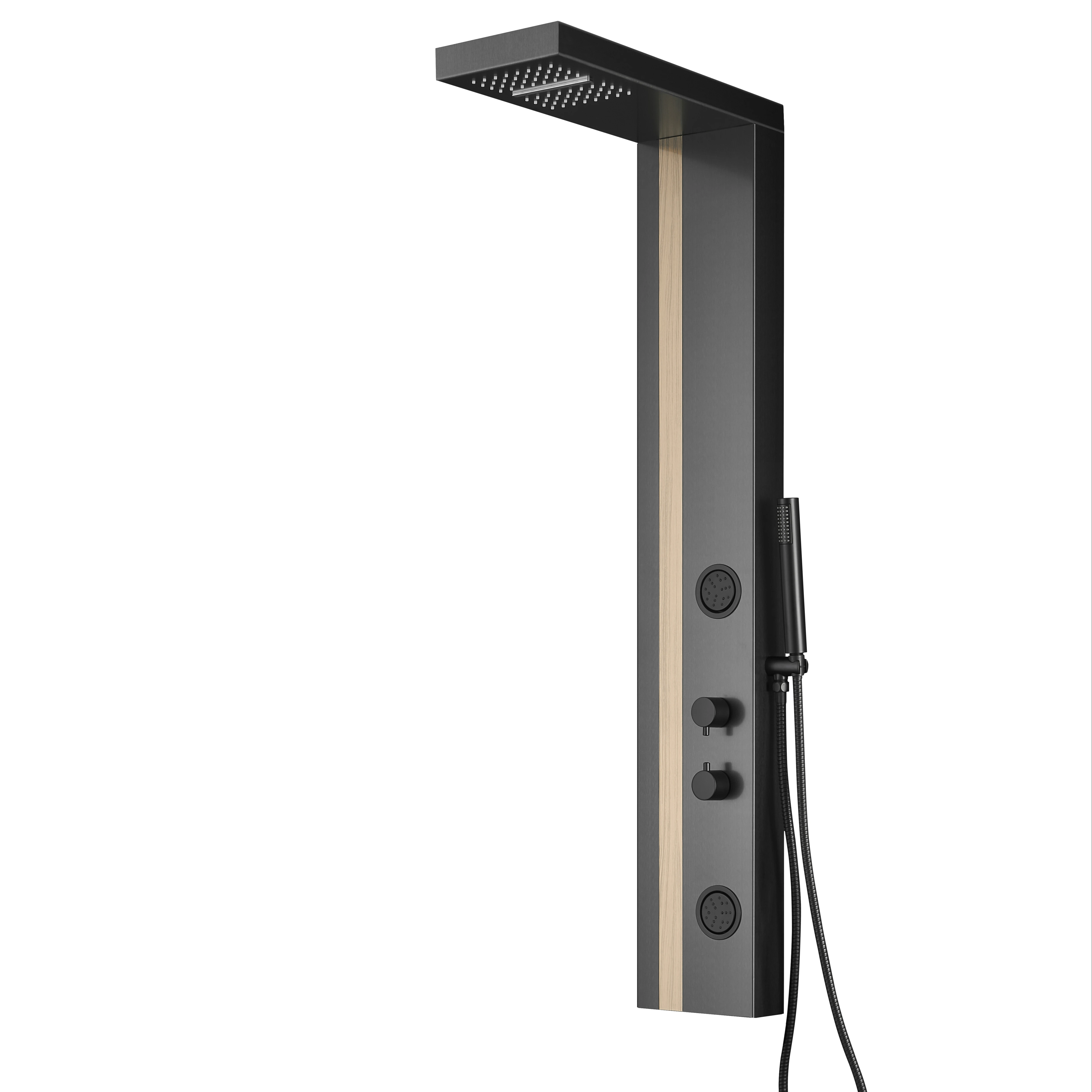 Woodgrain & Matt Black Bathroom with big Rain Shower Heads  Waterfall shower panel