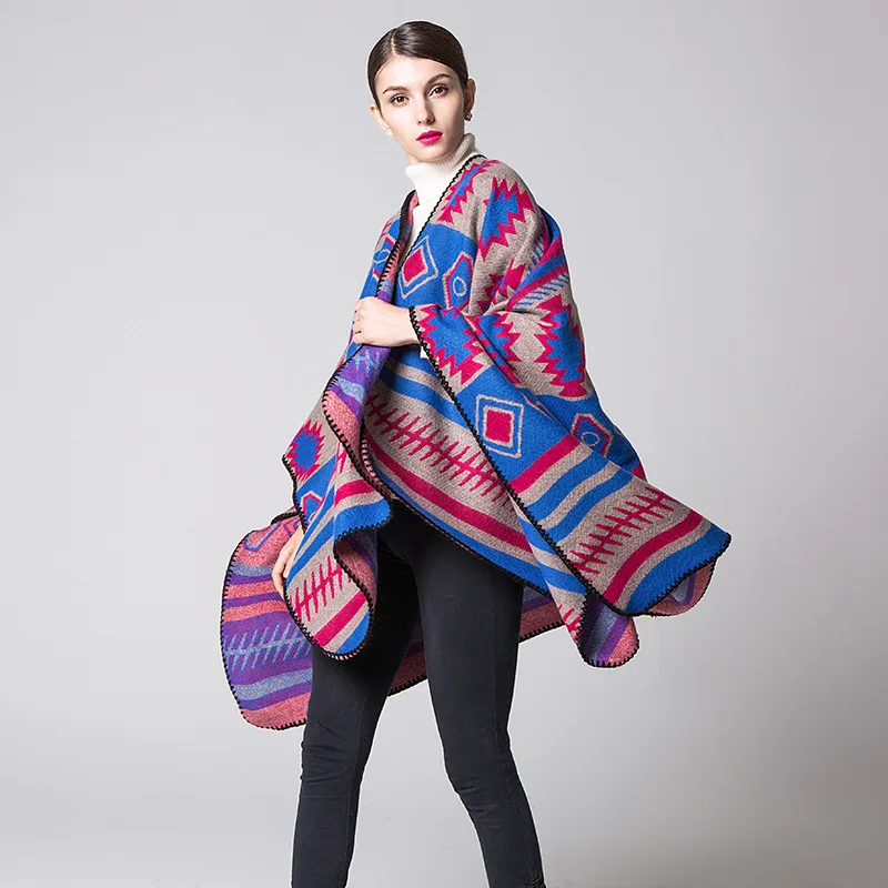 Модная акриловая жаккардовая шаль с геометрическим рисунком, зимний ацтекский одеяло, шарф ruana для женщин
