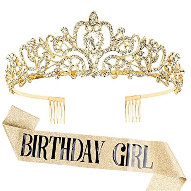 Elegant Princess Crown Birthday Girl Sash Crystal Crown Tiara Glitter Sash For Happy Birthday Girl Queen belt Tiara set