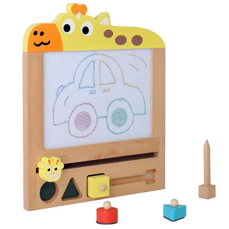 Montessori Wooden Magnetic Drawing Board Toy for Kids with Erasable Graffiti and Colorful Shapes and Stamps