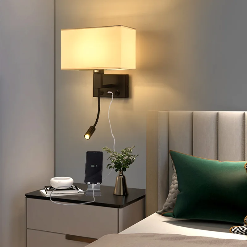 Bedroom Bedside Wall Lamp Minimalist Hotel Fabric Art Led Reading Light Creative Study Indoor Wall Lamp