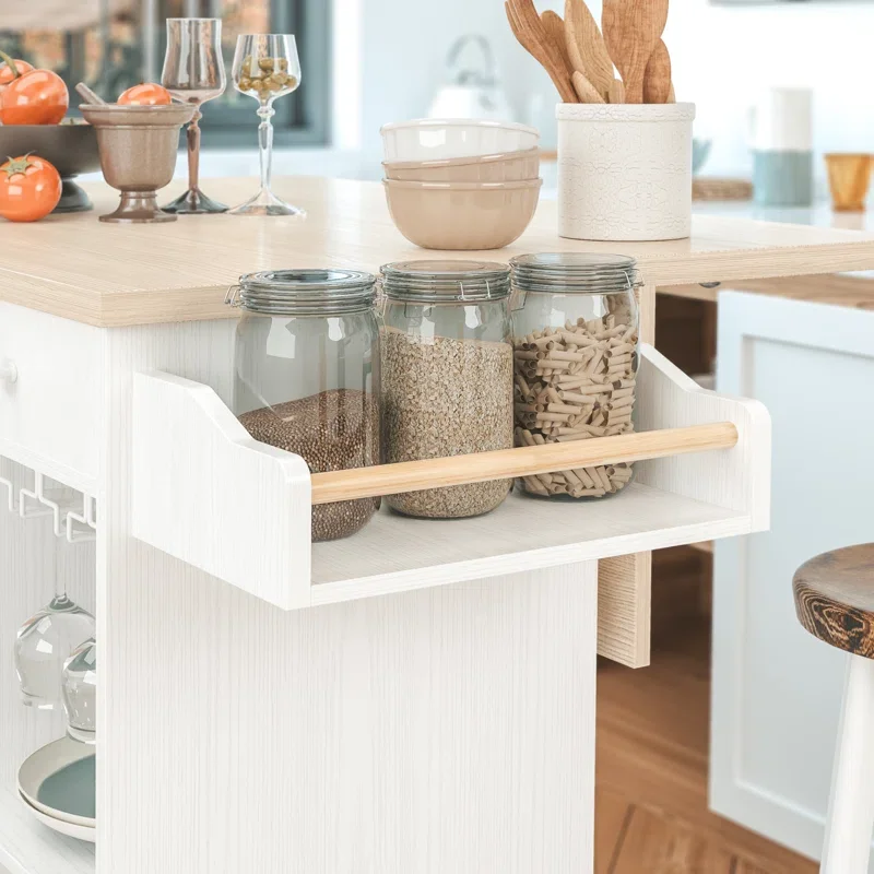 Sunrise Rolling Kitchen Island Cart with Drop-Leaf and Wine Rack, Microwave Rack Serving Cart on Wheels with Drawer& Cup Hanging