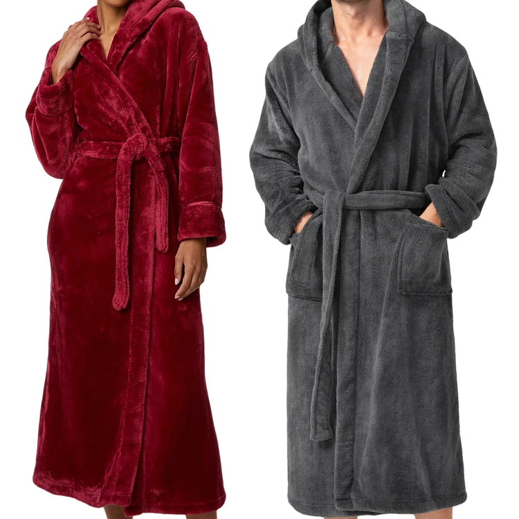 soft fleece hooded bathrobe custom long coral fleece bathrobe/polyester spa robe plush winter fleece ful length bath robe