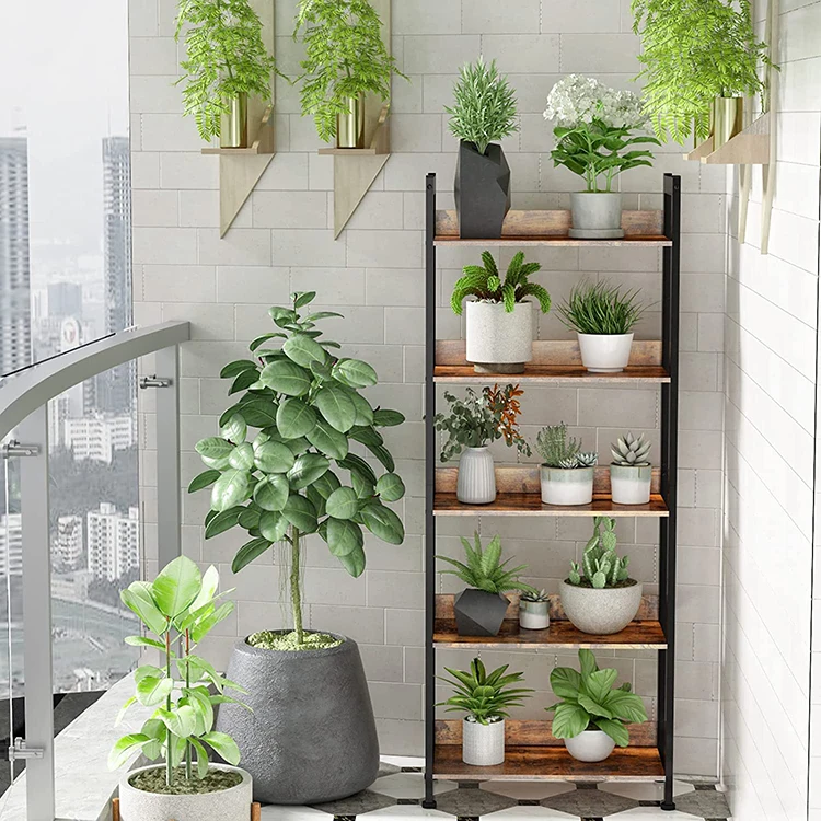 5 Tier Book Shelf Wooden Bookshelf Rustic Bookshelves Living Room Wood and Metal Storage Shelf with 2 Storage Drawers