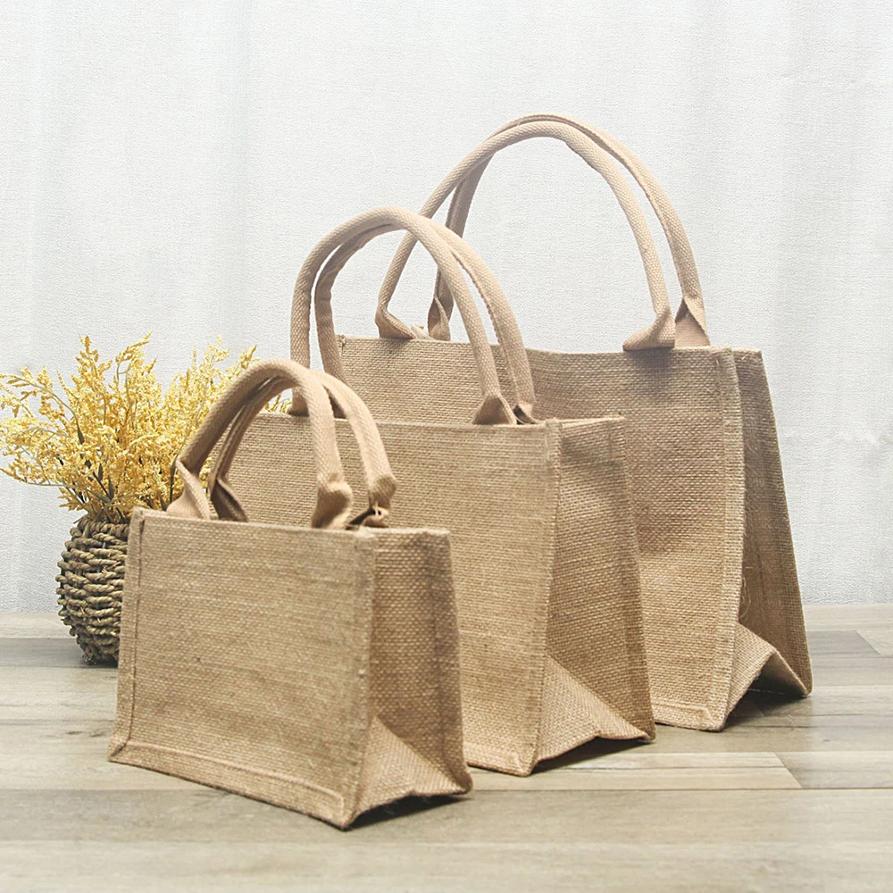 Popular Custom Logo Size Laminated Beach Tote Bag Classic Simple  Eco Friendly Grocery  Storage Jute Shopping Tote Bags