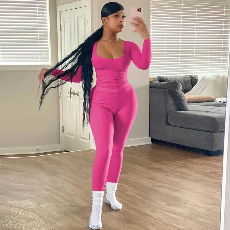 Hot Selling Fall 2024 Women Clothes Long Sleeve  2 Piece Set Ribbed Women With Legging Sports Solid Color Loungewear Women Sets