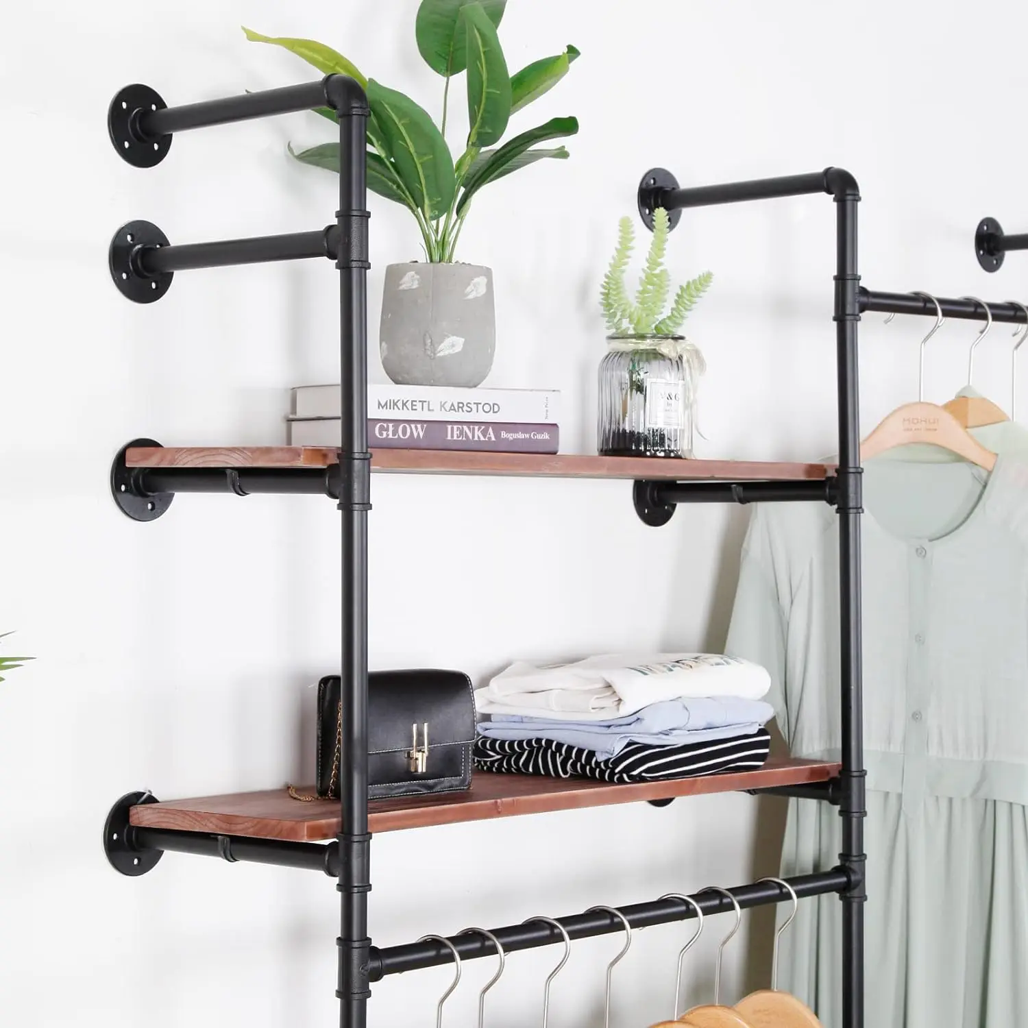 Industrial Pipe Double Hanging Rods Clothing Rack Garment Display on Wall for Clothes Retail