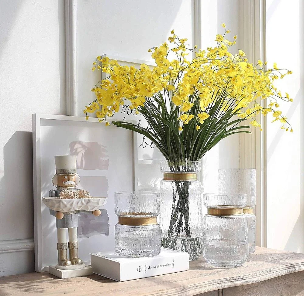 
Cylinder Clear Hammered Glass Flower Arrangement Vase Brass Gold Band Decor Dining Table Centerpieces Gifts for Wedding 