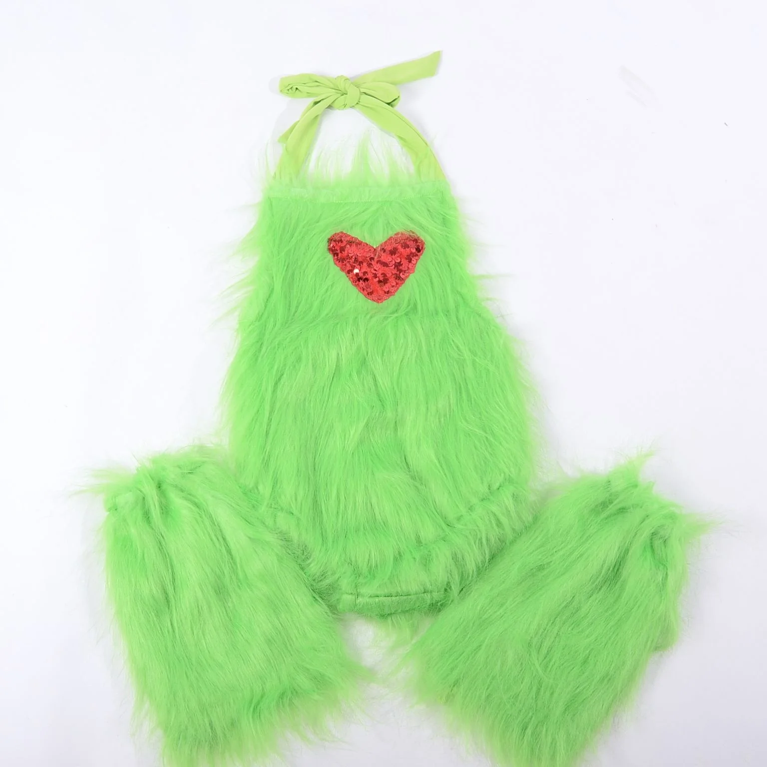 Green fur monster costume Heart Santa Claus sweater romper Strap hollow back Baby Bubble Romper