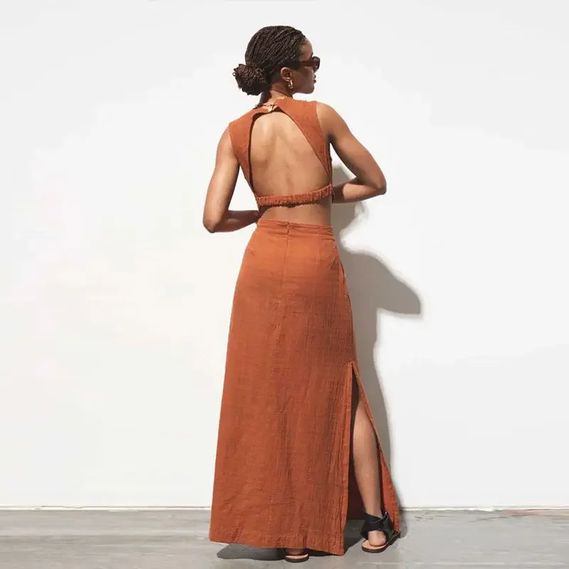 Sexy Undefined Triangle Backless Maxi Dress Crew Neck Sleeveless Side Slip Cotton Linen Women Long Dress
