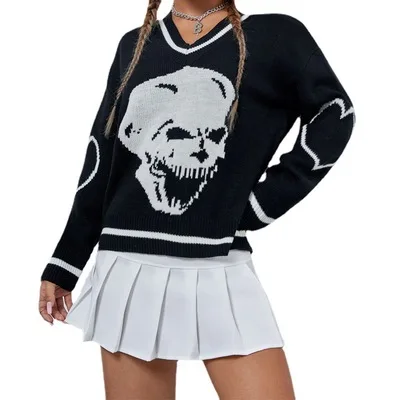 Factory College style skull jacquard sweater women 2023 autumn Halloween V neck Custom sweater girls