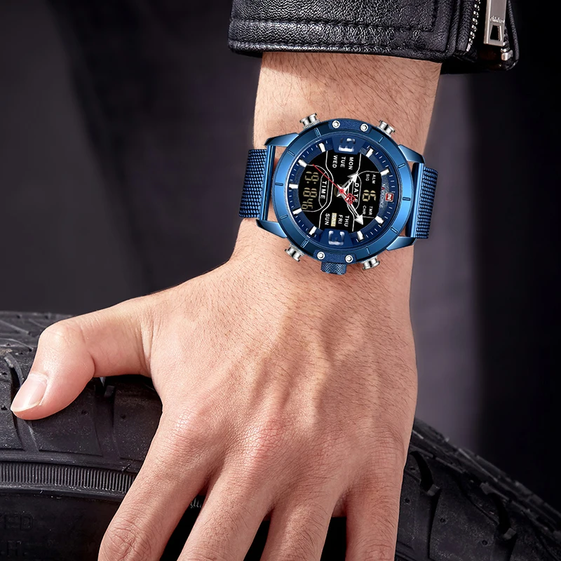 NAVIFORCE NF9153 Western Analog Digital Display Male Quartz Watch Luxe Mesh Strap Week Date Luminous Chronograph Sports Watch