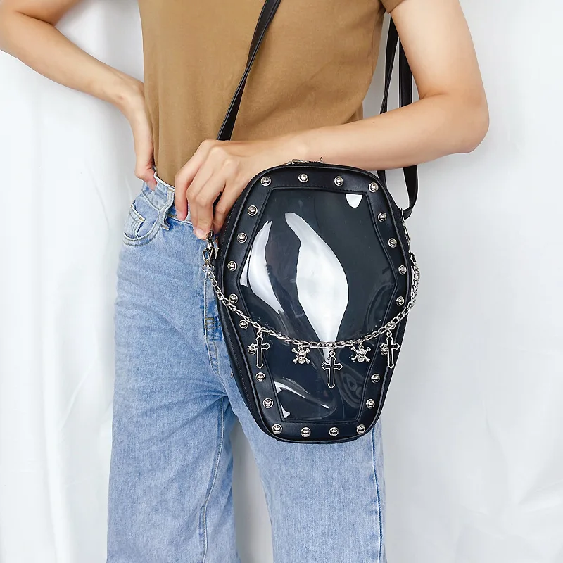 Custom Rivet Coffin shaped Crossbody Ita Bag Customized Cross Skull Decoration Leather Halloween Lolita Backpack with Pin Insert