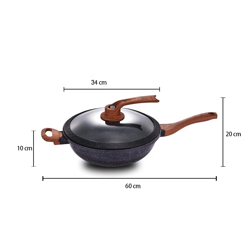 Black Stone Wooden Casting 34cm Two Handle Big Aluminium Wok