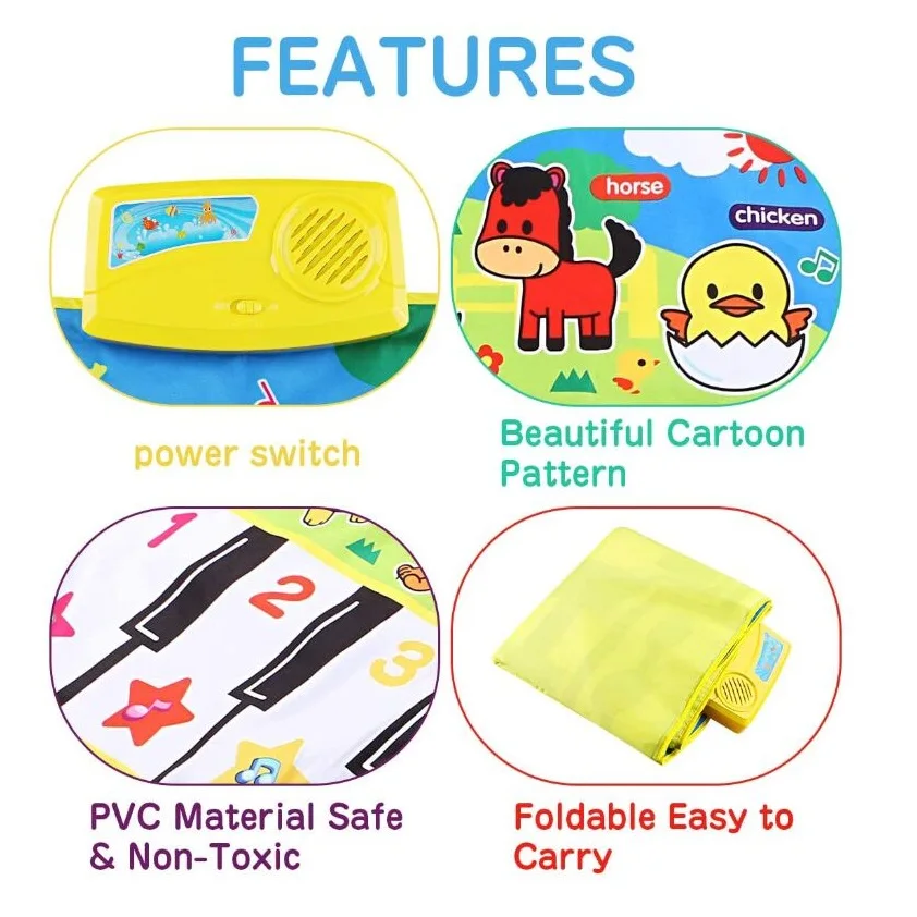 KSF 135x58cm Musical Piano Mat Keyboard Play Mat Portable Musical Blanket Instrument Toy with 8 Animal Sounds Dance Mat