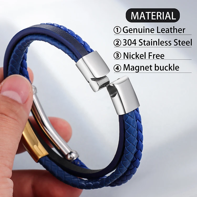 Braided Leather Bracelets Male Custom Logo Wrap Genuine Leather Bracelet for Men Personalized