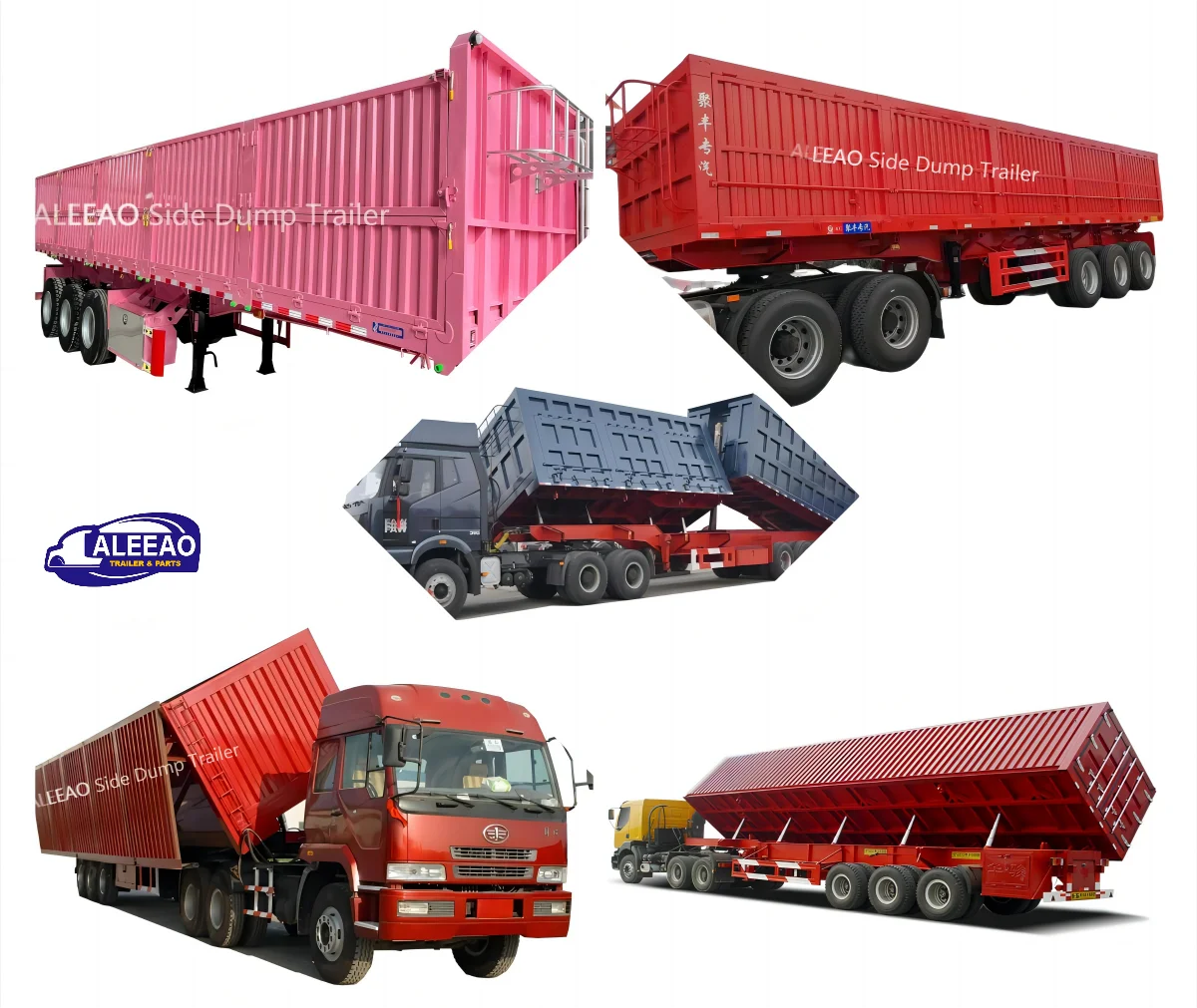 ALEEAO Tri Axles 50 Tons Side Tipping Dump Truck Trailer With Hydraulic Lift For Cargo Transport
