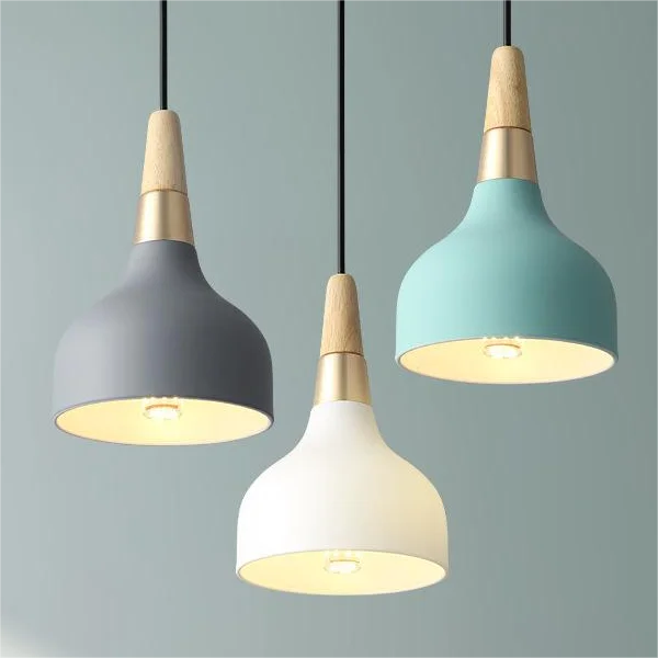 Single head restaurant bar creative modern bedroom bedside E27 pendant light Macaron color wood and iron pendant lamp