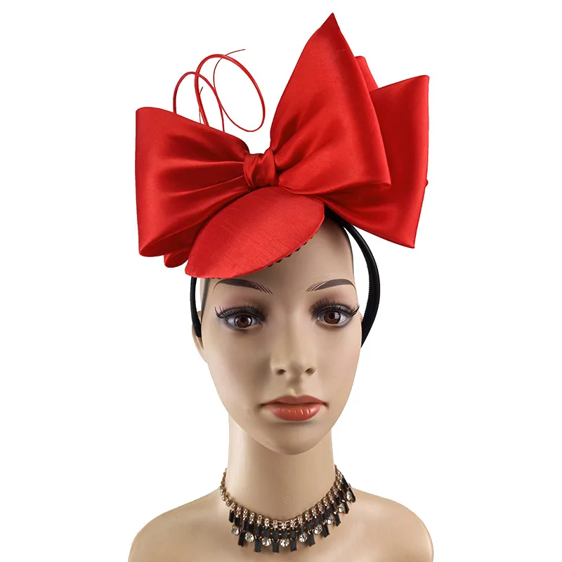 Оптовая продажа, бумажная база, Красная атласная ткань, покрытая большими двойными атласными бантами, 2 жабра, повязка для волос для церкви, свадьбы, вечеринки для женщин
