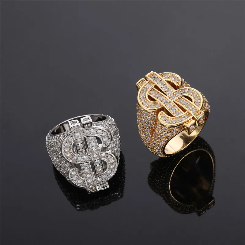 HIP Hop Classic Full Zircon CZ US Dollar Sign Ring Gold Silver Color Iced Out Charm Ring For Men Women Jewelry Size 8-10