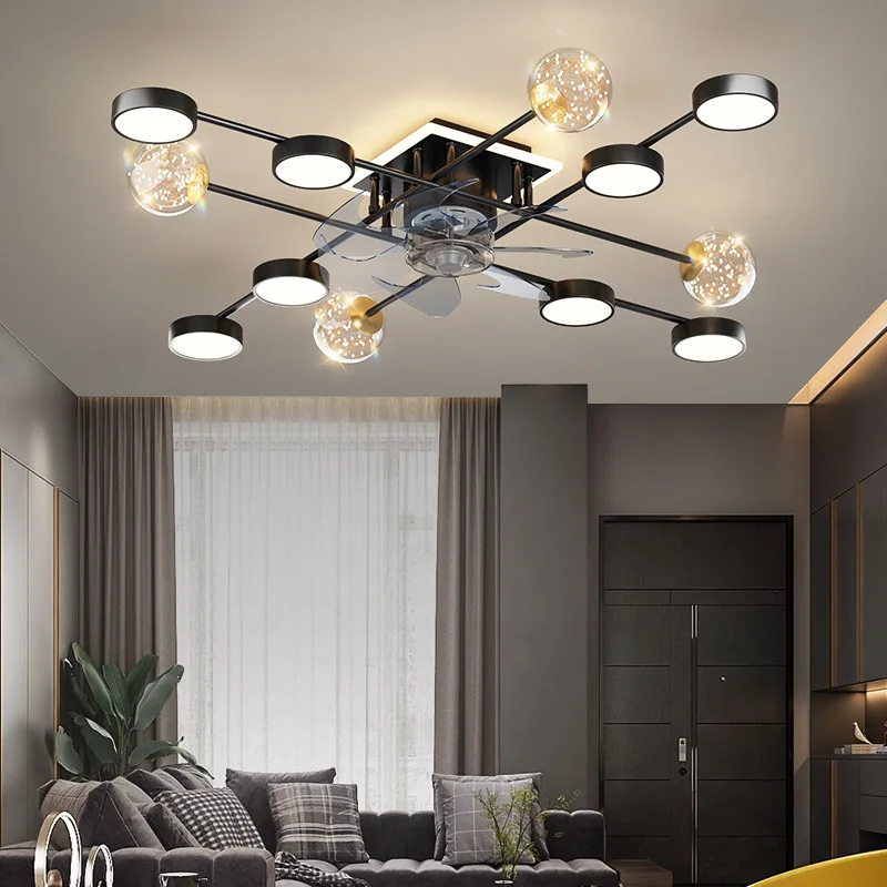 New silver black square plastic fan light bedroom ceiling fan with remote control light LED living room lamp