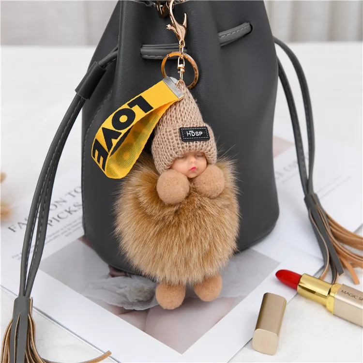 Hot Selling Kawaii Sleeping Baby Doll Keychain Plush Doll Rabbit Fur Keychain Handbag Pendant Christmas Gifts Plush Keychain