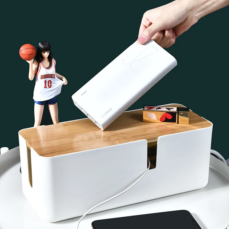 Factory Direct Bamboo Plastic Material Desktop Power Socket USB Charge Cable Wire Storage Box with Liner
