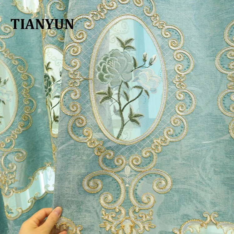 Living Room Curtain Embroidered Blue Luxury European Curtain With Valance Designs House Home Office Decoration