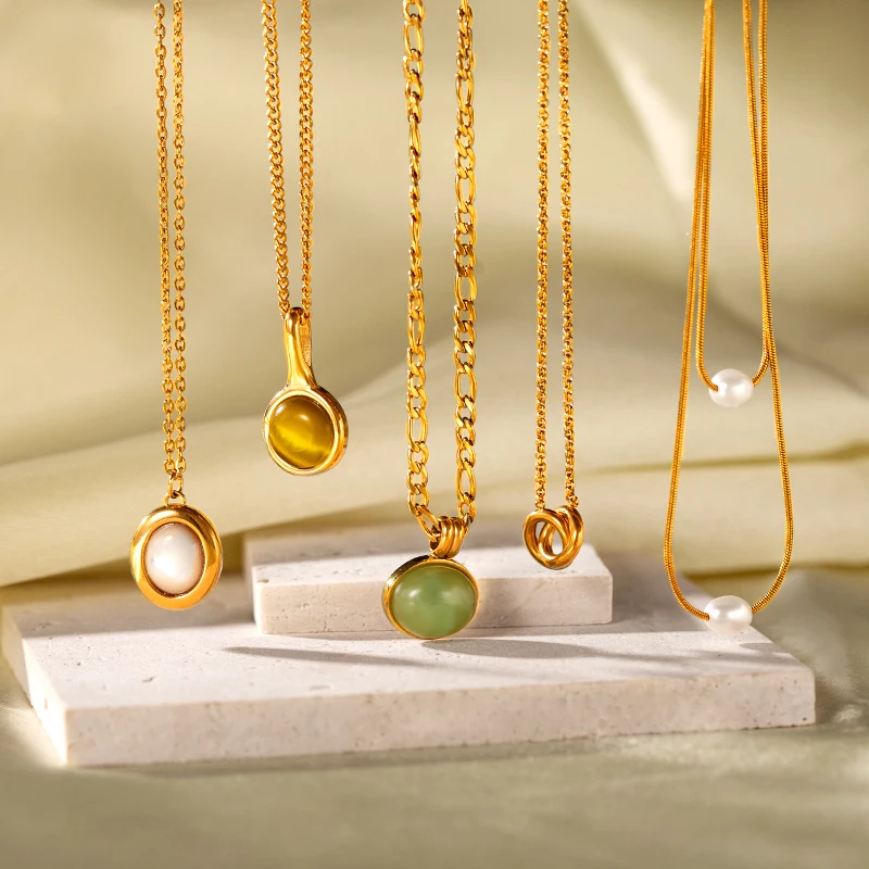 Новый дизайн из нержавеющей стали позолоченная цепочка Ожерелье 18K позолоченный Кошачий глаз опал камень кулон ожерелья