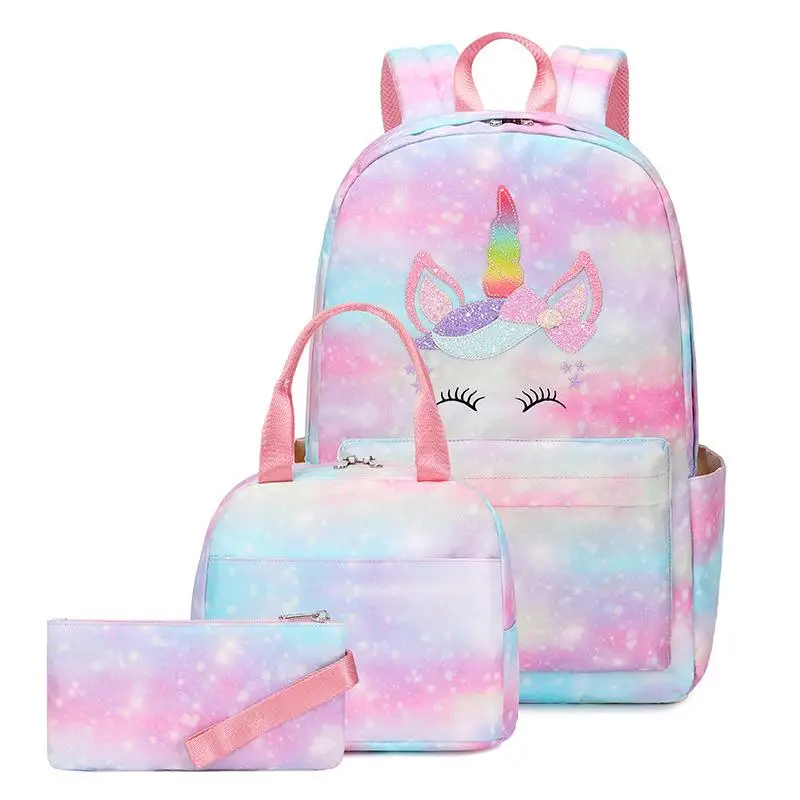 New design rainbow tie dye Unicorn Backpack set school bag with lunch bag and pencil case 3 pieces