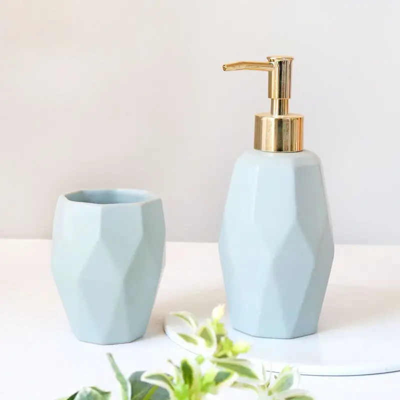 
pump soap dispenser custom design 2 PCS ceramic bulk bath accessories shampoo bottle and tumbler 