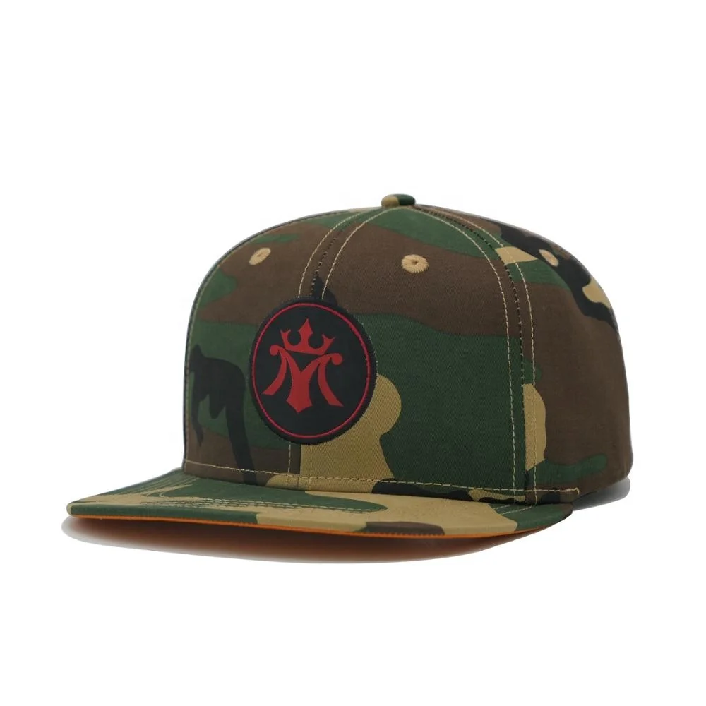 Custom embroidered logo camouflage camo army green fabric 6 panel snapback cap with orange under brim