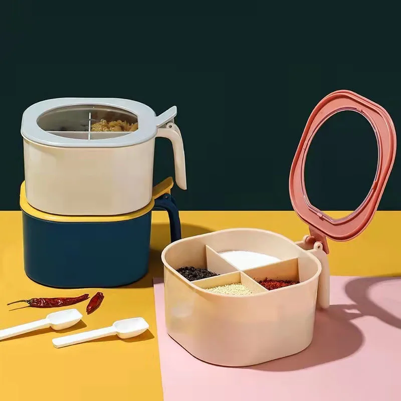 JTX346 Multi Compartment Herb Spice Jars Pots Kitchen Accessories Condiment Storage Container 4 In 1 Plastic Seasoning Box